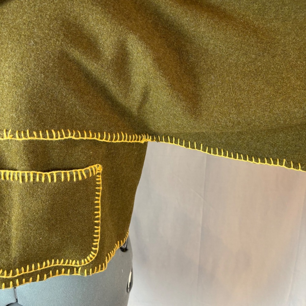 Handcrafted Olive Green Wool Hooded Cropped Bog Jacket with Yellow Stitching | L - Picture 10 of 16